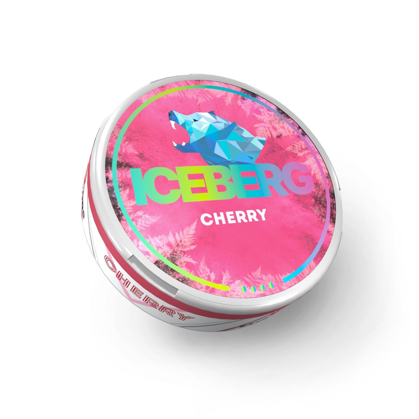 Detail close-up of the Iceberg Cherry tin showcasing a colorful design and brand logo on a white background.