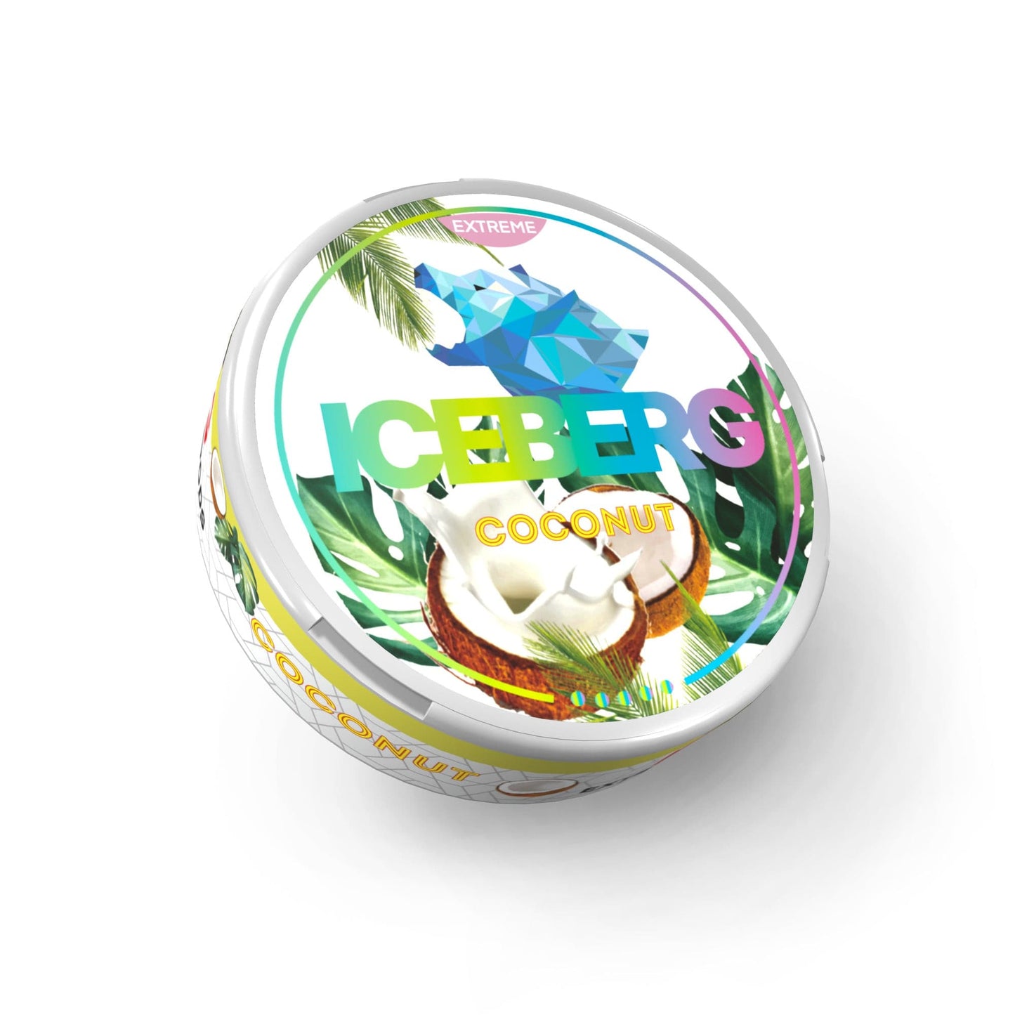 Detail close-up of the coconut tin showcasing tropical design and coconut illustration in white, green, and yellow colors
