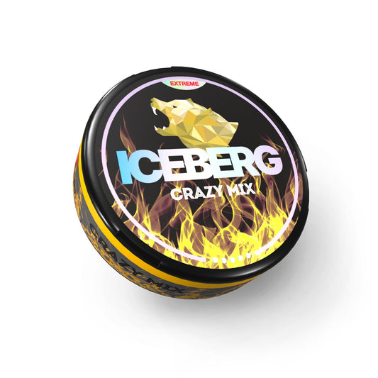 Detail close-up of the Iceberg Crazy Mix candy tin in black and yellow with a flame design on a white background.