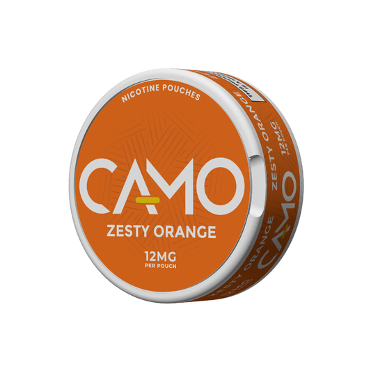 Front view of the circular orange can featuring zesty orange flavor label on a transparent background
