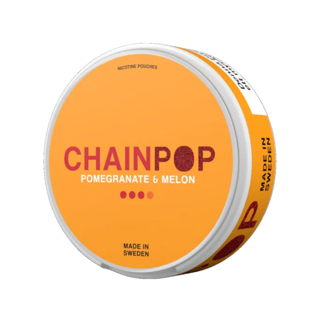 Front view of the round Chainpop container featuring an orange and white label design on a transparent background.