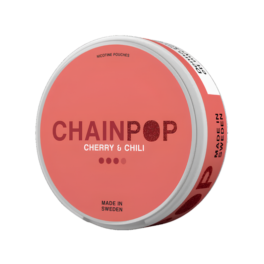 Front view of the pink and white round Chainpop container featuring a screw top and label text.
