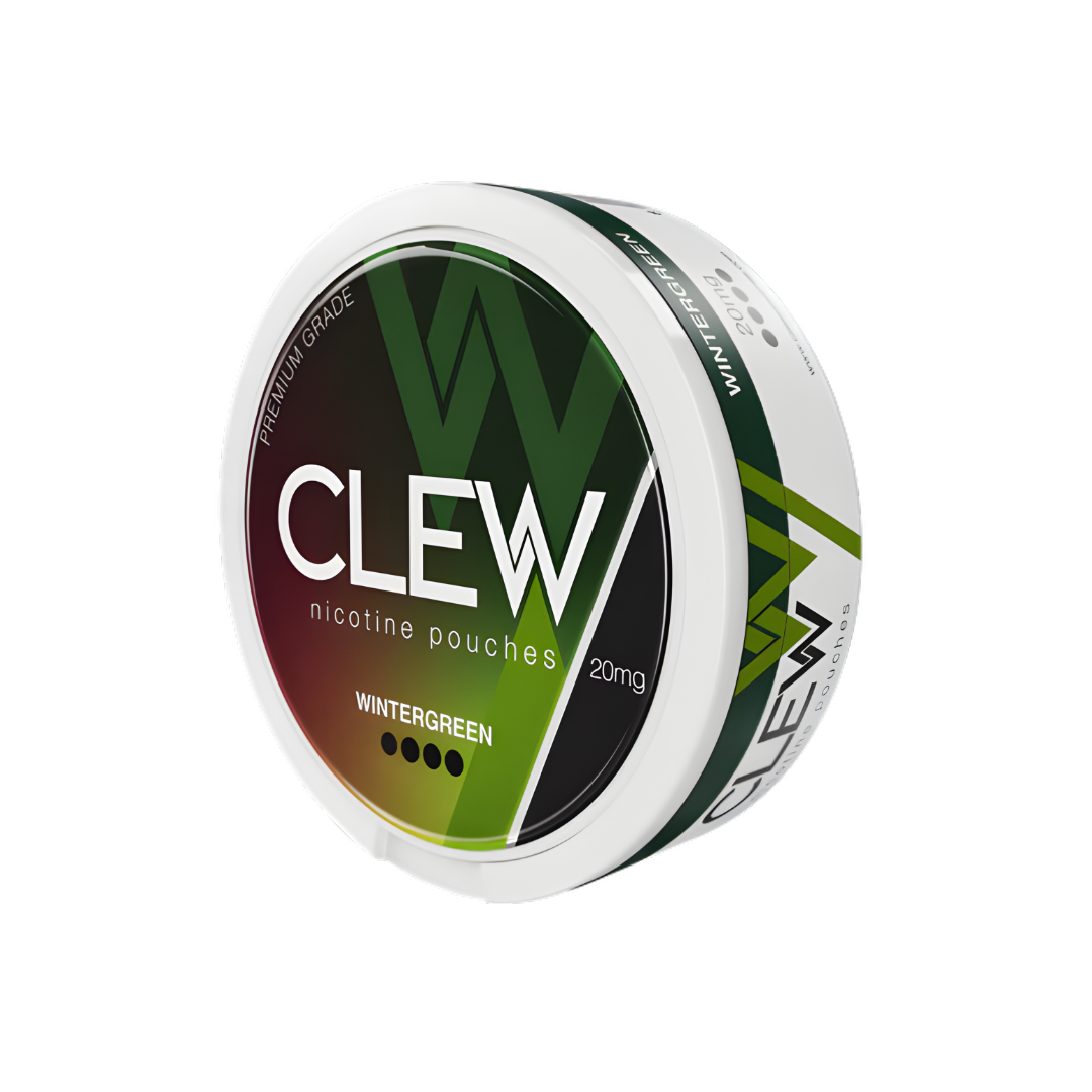 Detail close-up of the Clew wintergreen container featuring a round design, green and black label on a transparent backgro…