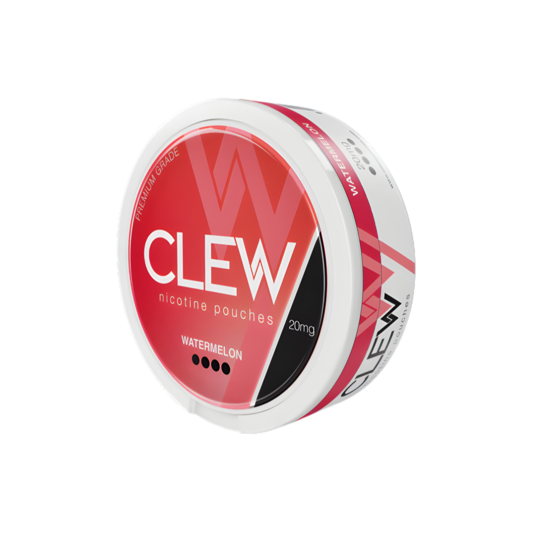 Detail close-up of the Clew watermelon product container featuring a round design with a red, white, and black label.