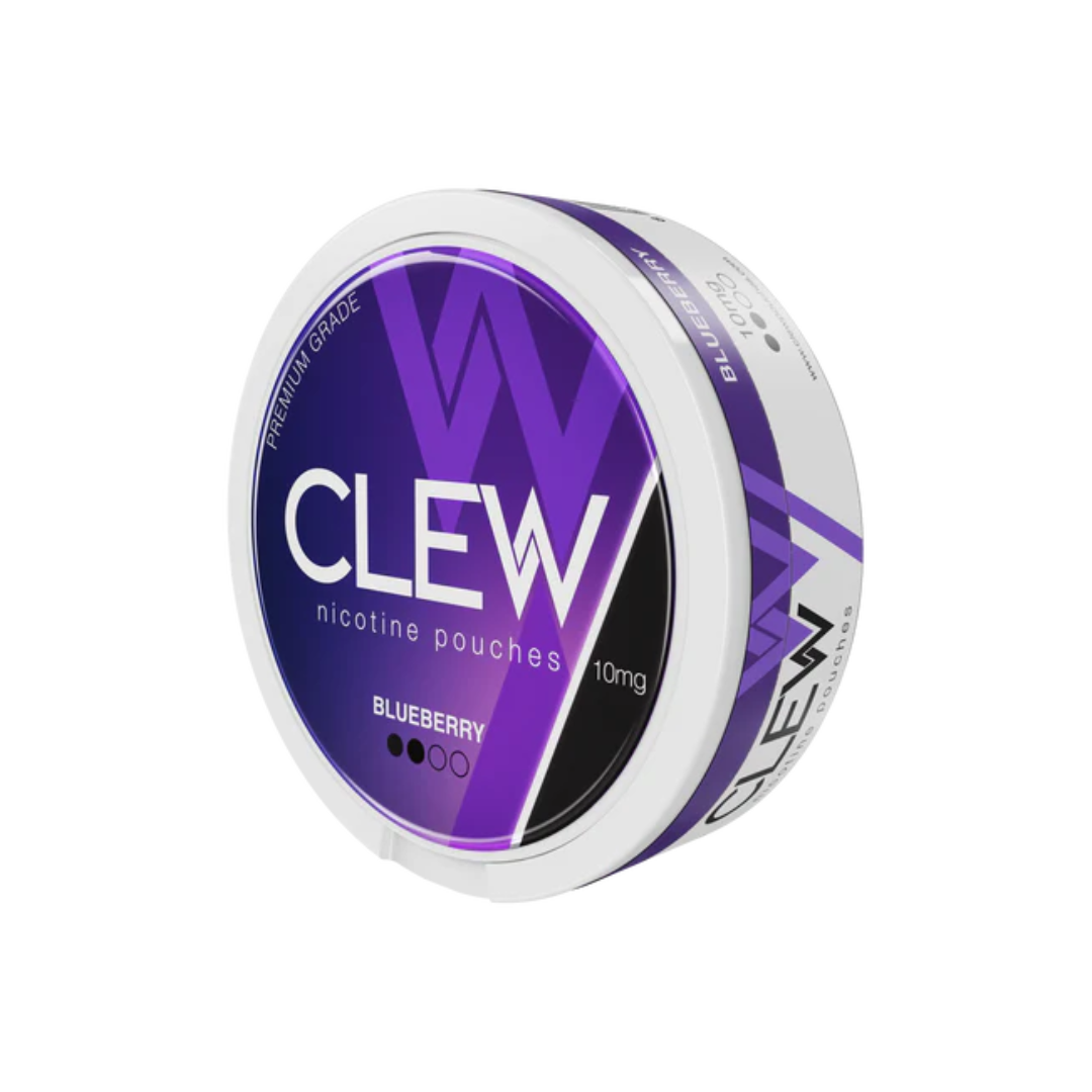 Front view of the round purple and white Clew container featuring a label design on a transparent background