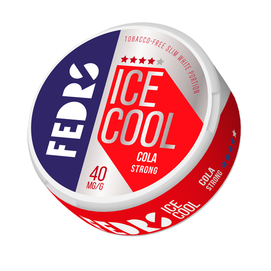 Front view of a circular can featuring red, blue, and white colors with logo and ice cool cola flavor.