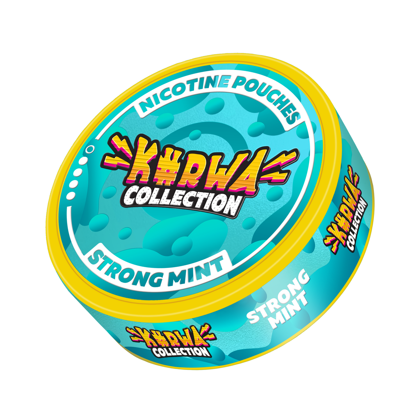 Front view of a round snus can in blue, yellow, and white with a colorful design on a transparent background