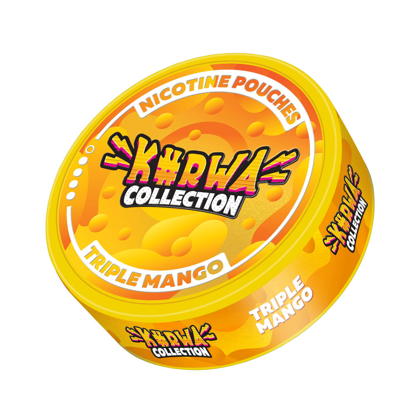 Front view of the circular Kurwa Triple Mango snus can featuring vibrant yellow and orange graphic design.