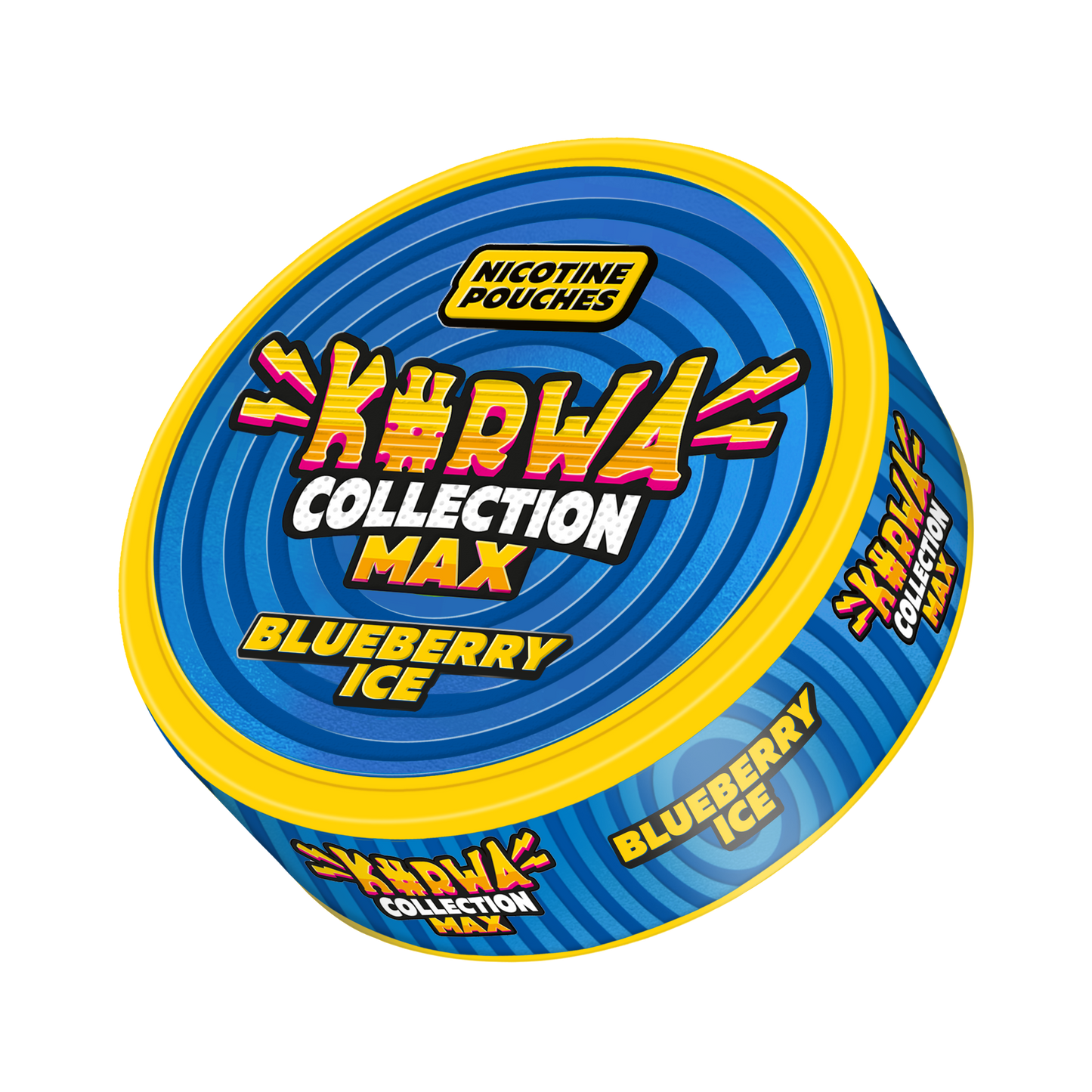 Front view of the circular snus can featuring blue and yellow graphic design with flavor label