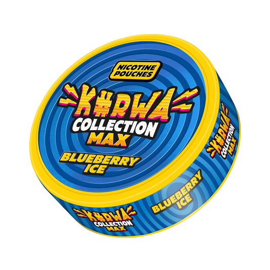 Front view of the circular snus can featuring blue and yellow graphic design with flavor label