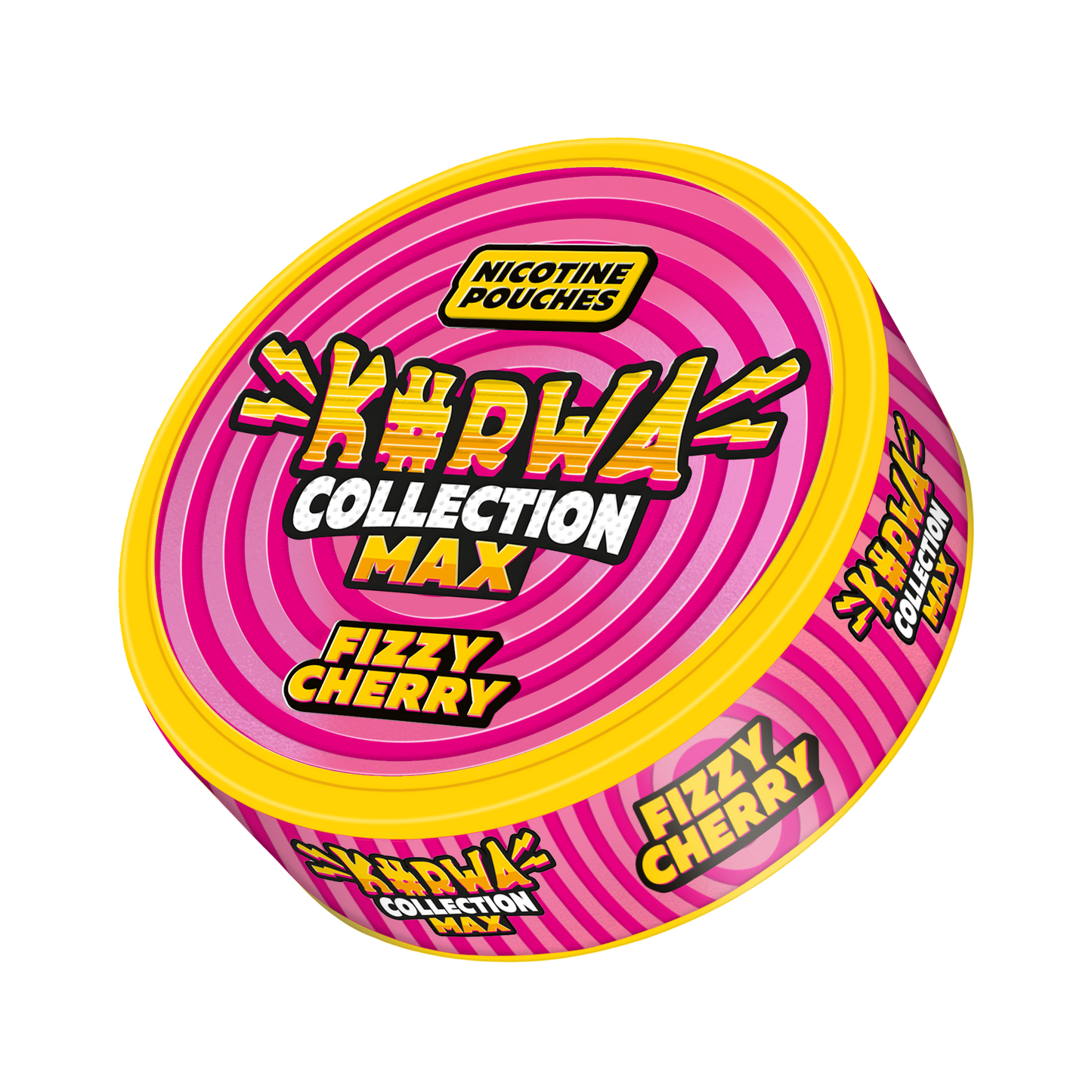 Front view of the pink and yellow Kurwa Max Fizzy Cherry snus can featuring bold graphics and flavor label.
