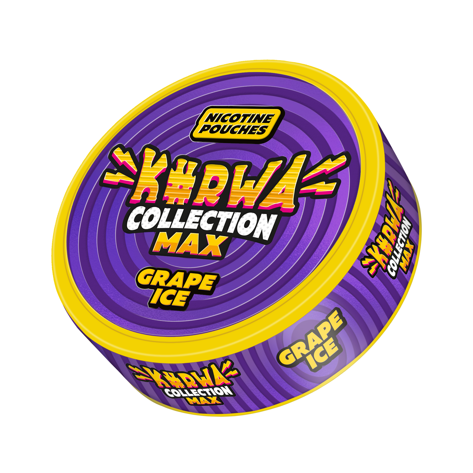 Front view of the purple grape-flavored snus can featuring a circular design with grape flavor and max collection.