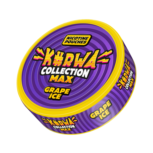 Front view of the purple grape-flavored snus can featuring a circular design with grape flavor and max collection.