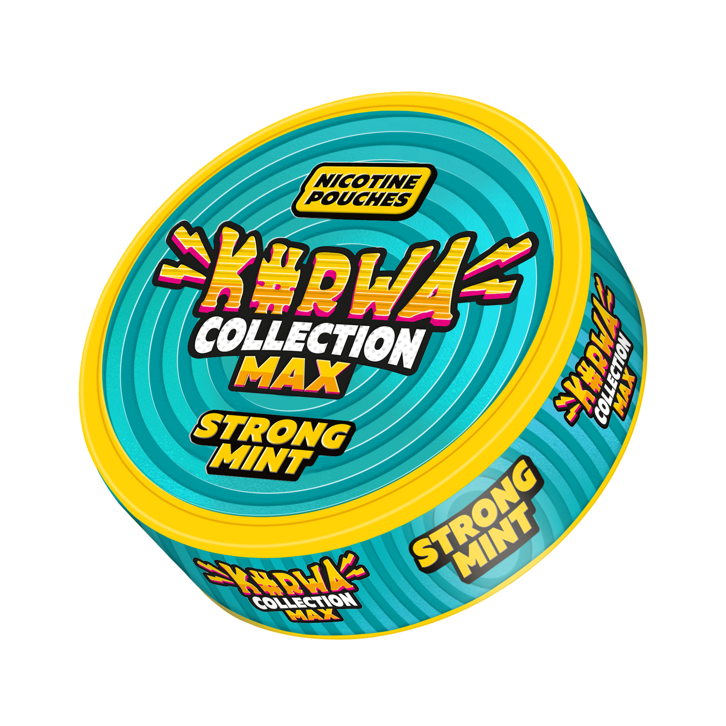 Front view of a circular snus can featuring blue, yellow, and green graphic design with mint flavor label
