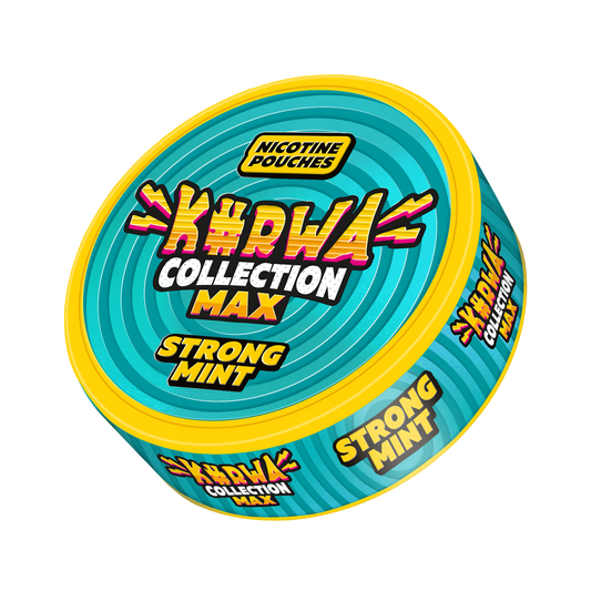 Front view of a circular snus can featuring blue, yellow, and green graphic design with mint flavor label