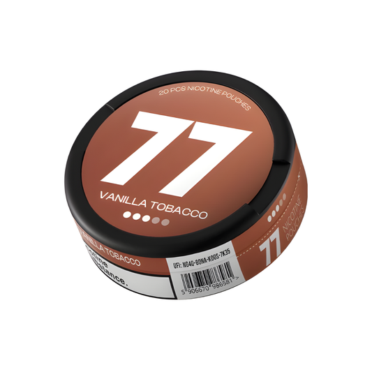Detail close-up of a brown container labeled '77' featuring a round shape on a white background