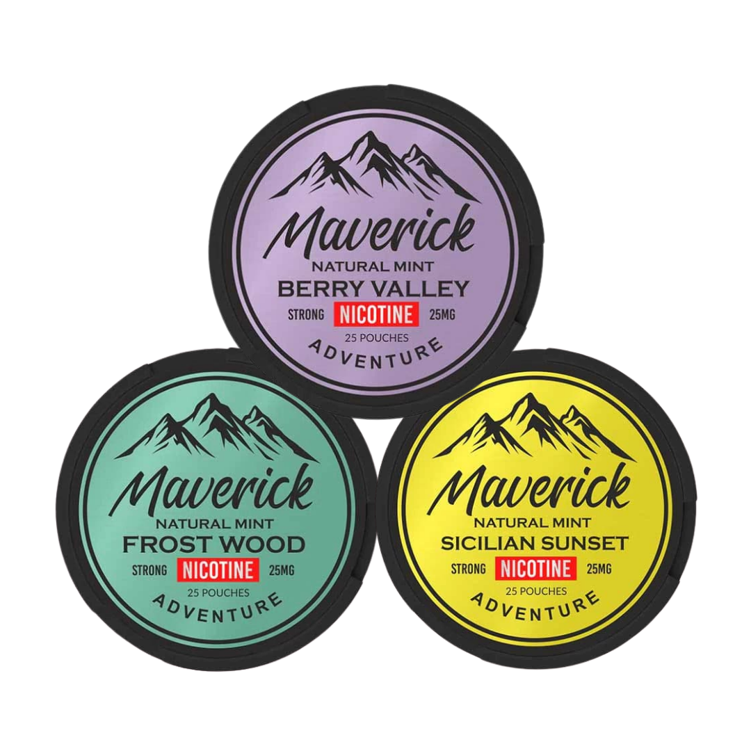 Front view of three jars of Maverick Mixpack with purple, green, and yellow labels featuring mountain graphics.