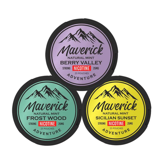 Front view of three jars of Maverick Mixpack with purple, green, and yellow labels featuring mountain graphics.