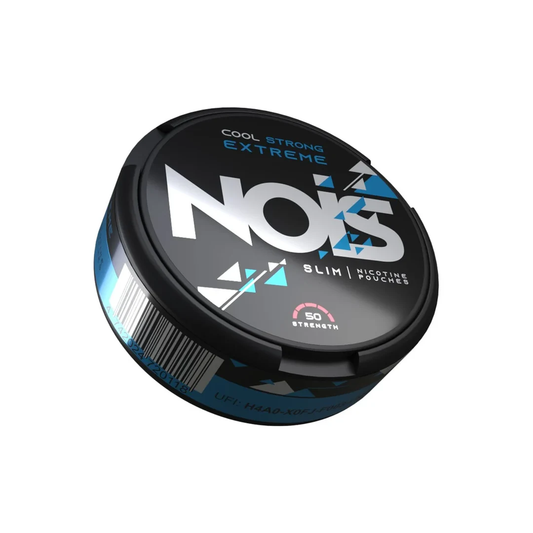 Side view of the Nois Cool Strong Extreme nicotine pouch in a black and blue round container on a white background.
