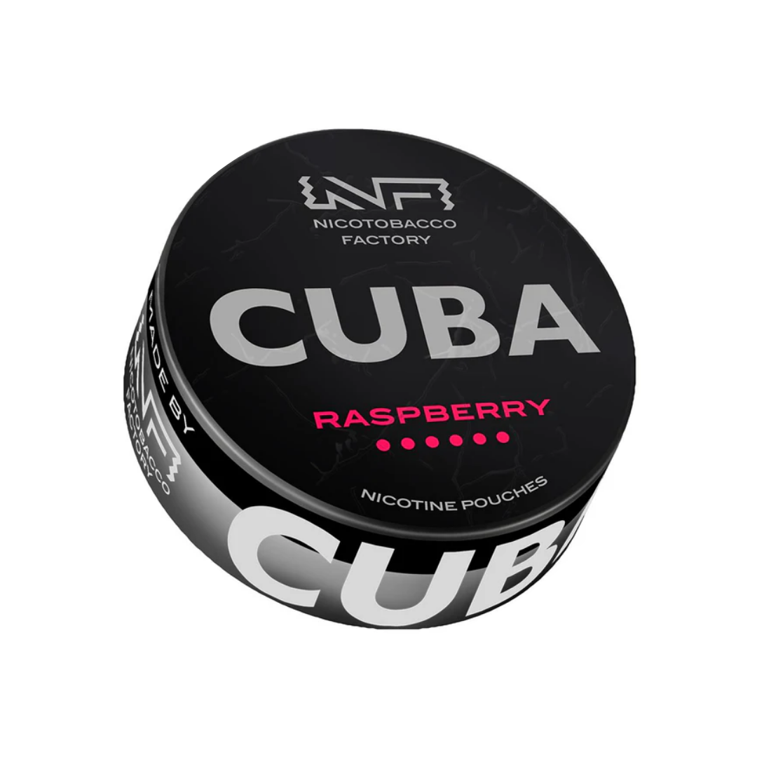 Detail close-up of the Cuba raspberry tin in black and silver with a raspberry flavor label.