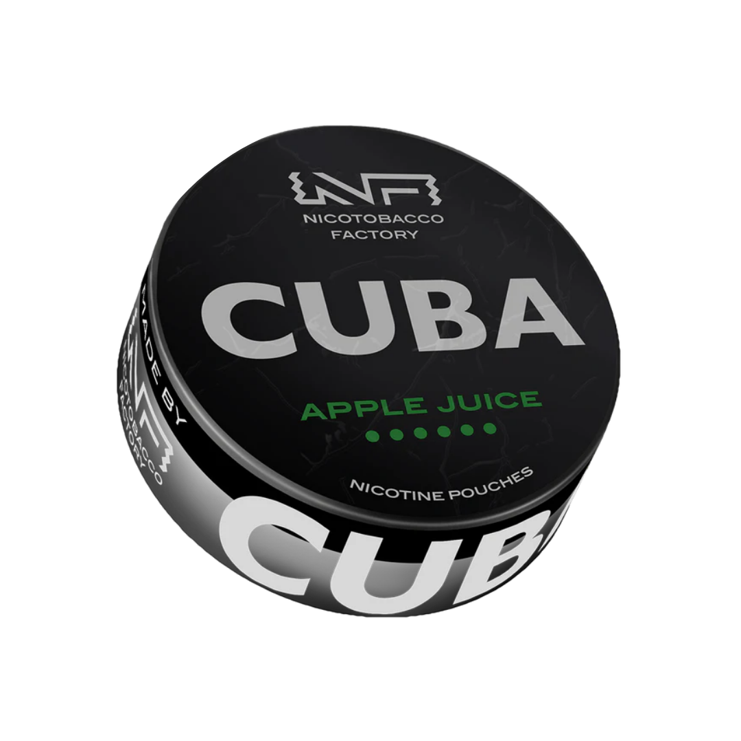 Detail close-up of the Cuba apple juice can showcasing bold text, green accents, and a transparent background