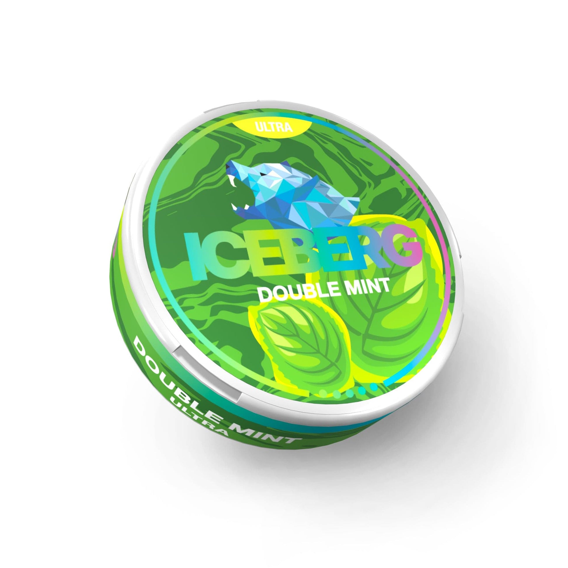 Front view of a green mint tin with a colorful design and mint leaves on a white background