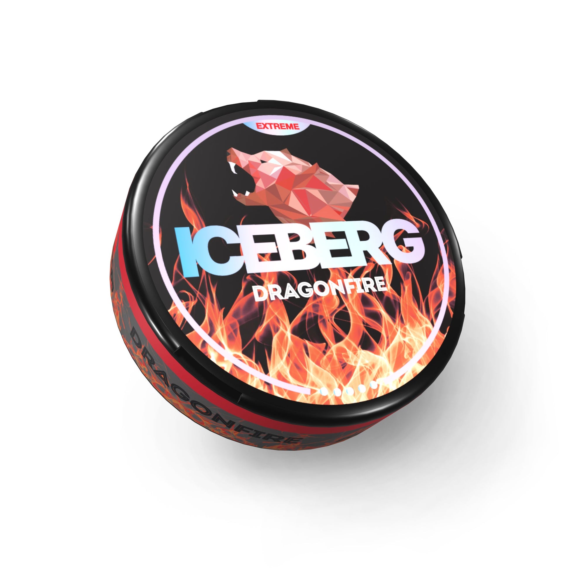 Detail close-up of the Iceberg Dragonfire tin can featuring a flame design in black, red, and blue colors