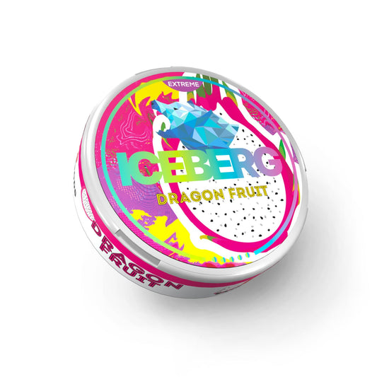 Packaging shot of Iceberg Dragon Fruit nicotine pouches in a colorful container featuring pink, blue, and yellow.