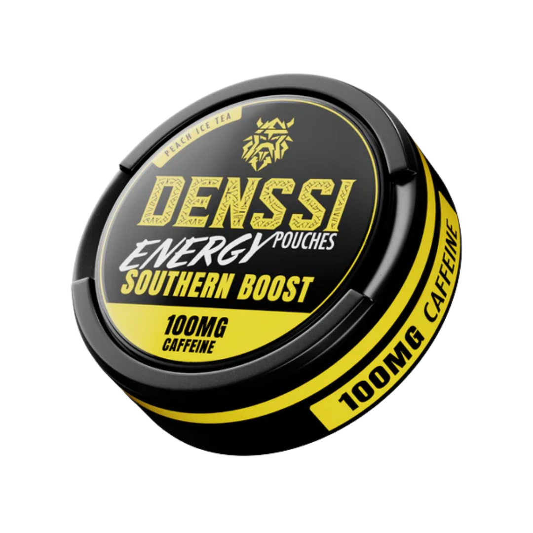 Detail close-up of Denssi Energy Southern Boost packaging in a round tin with a matte finish, featuring black and yellow c…