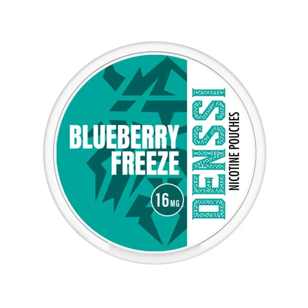 Detail close-up of the Blueberry Freeze product showcasing a circular teal and white label on a transparent background.