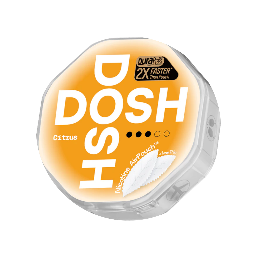 Detail close-up of the Dosh Citrus nicotine pouch container featuring a round shape, orange and white colors, and a transp…