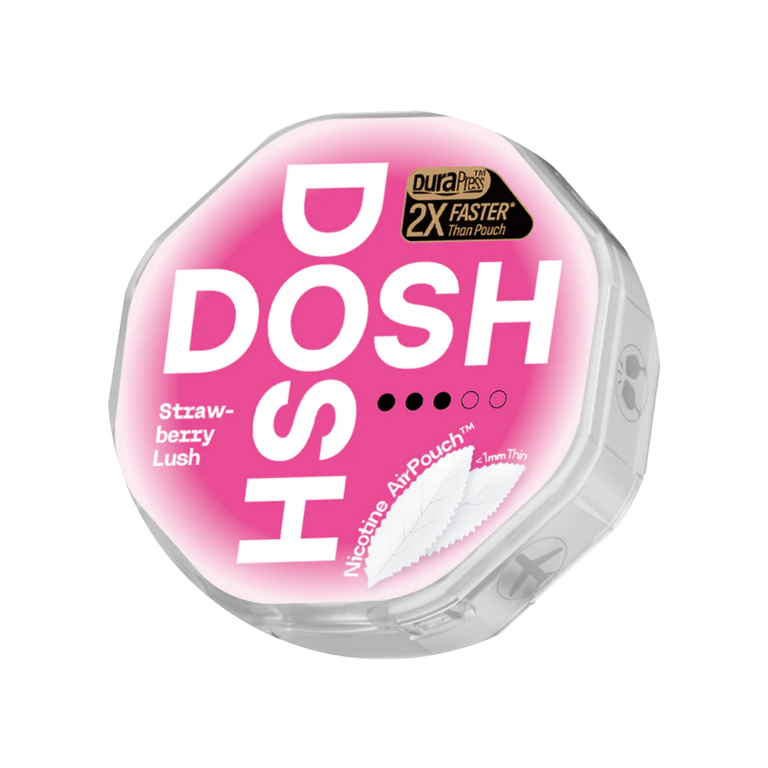 Detail close-up of Dosh product container showcasing round shape, pink and white colors, and bold text.
