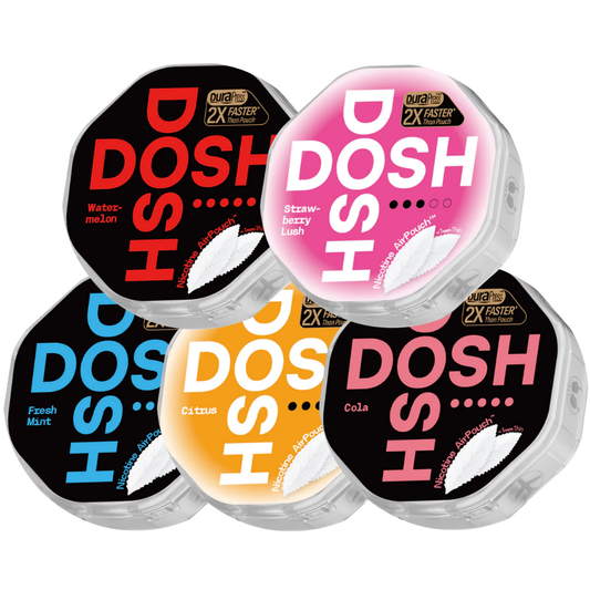 Packaging shot of Dosh nicotine pouches featuring octagonal containers in black, pink, blue, and orange with bold text.