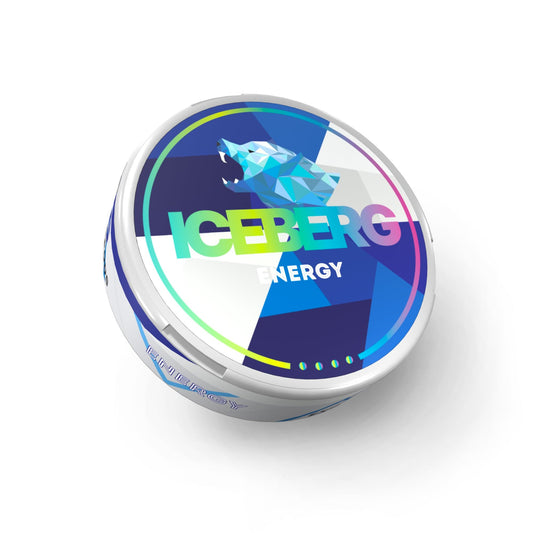 Packaging shot of the blue and white energy can featuring a colorful logo on a white background.