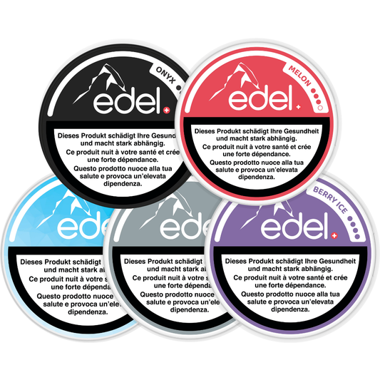 Variety of colorful product containers with circular labels featuring icy and fruity designs on a transparent background