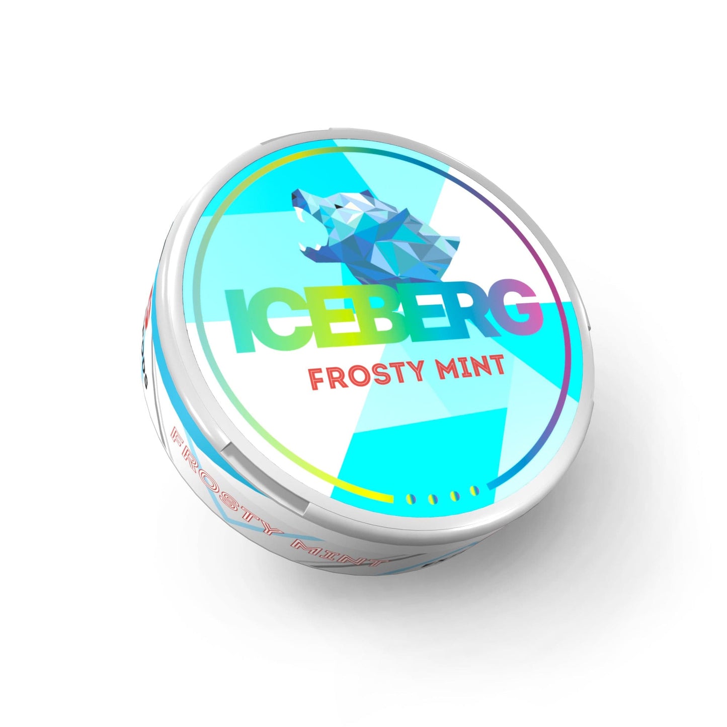 Detail close-up of the Frosty Mint container with a colorful blue and white design.