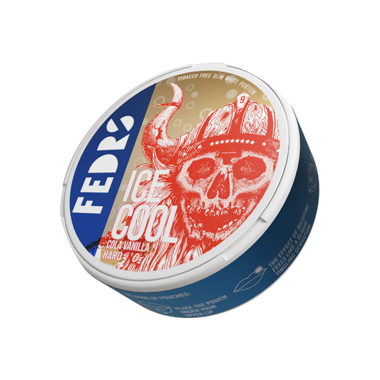 Side view of a circular tin can featuring a skull graphic in blue, red, and white with a metallic finish.