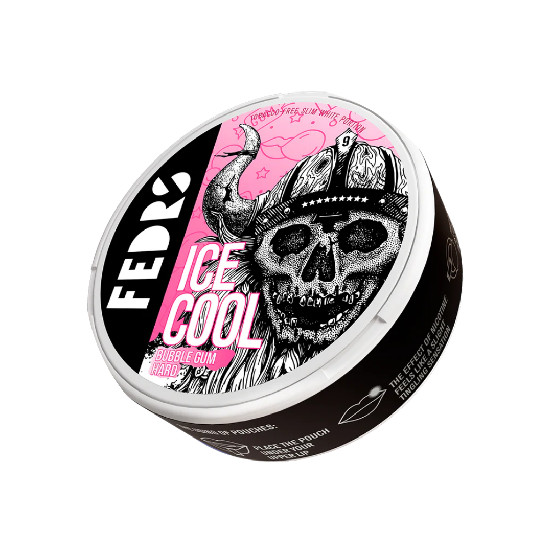 Detail close-up of Fedrs Ice Cool Hard Bubble Gum in a matte black tin featuring a skull design.