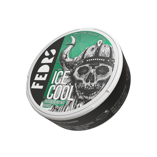 Detail close-up of the Fedrs Ice Cool Hard Double Mint packaging featuring a skull design and a white background.
