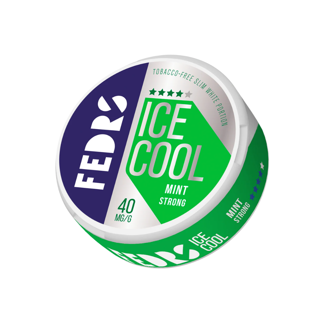 Detail close-up of the Fedrs Mint Strong pouch showcasing a round container with a screw top lid, featuring green and whit…