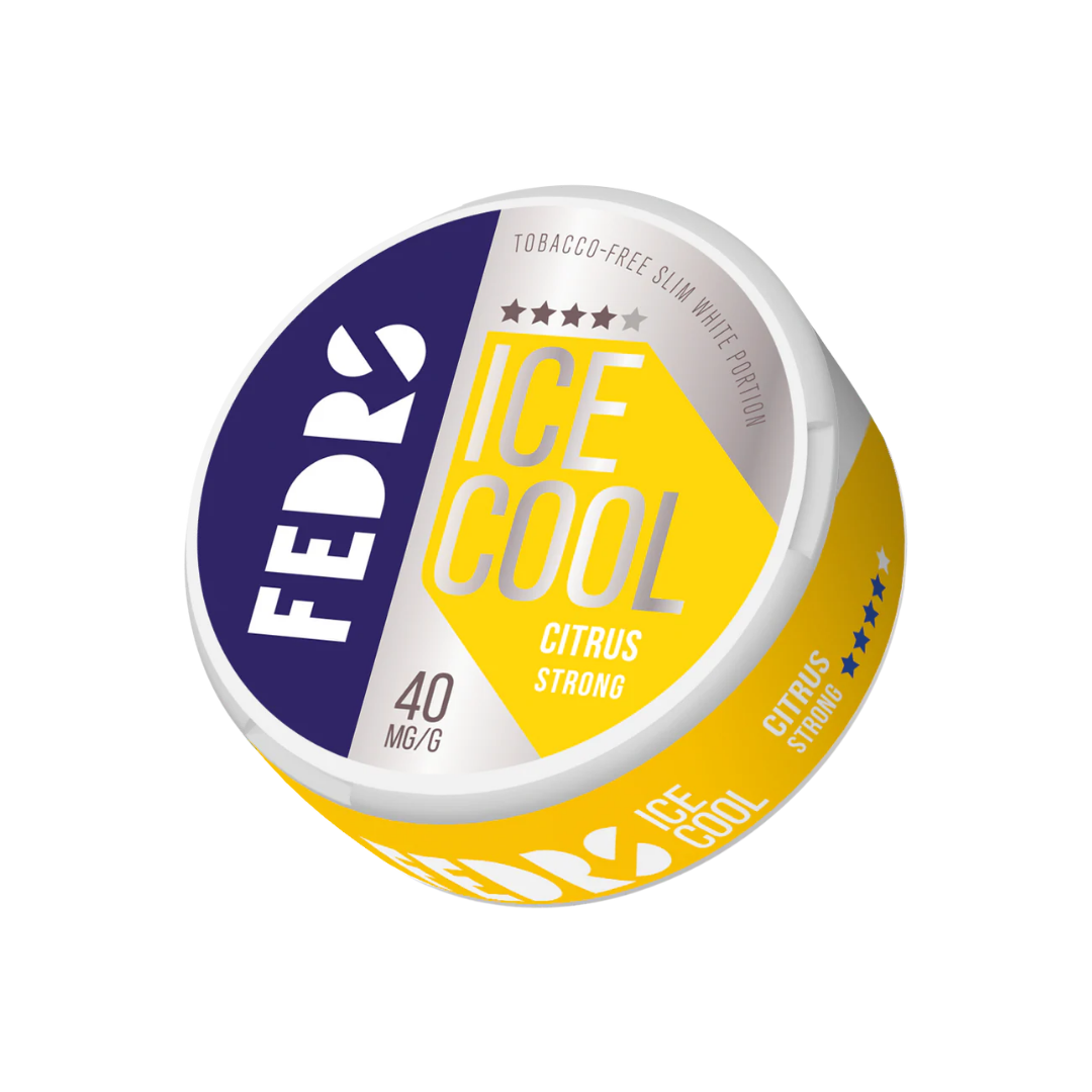 Detail close-up of the circular can featuring vibrant yellow, purple, and white colors with ice cool flavor.
