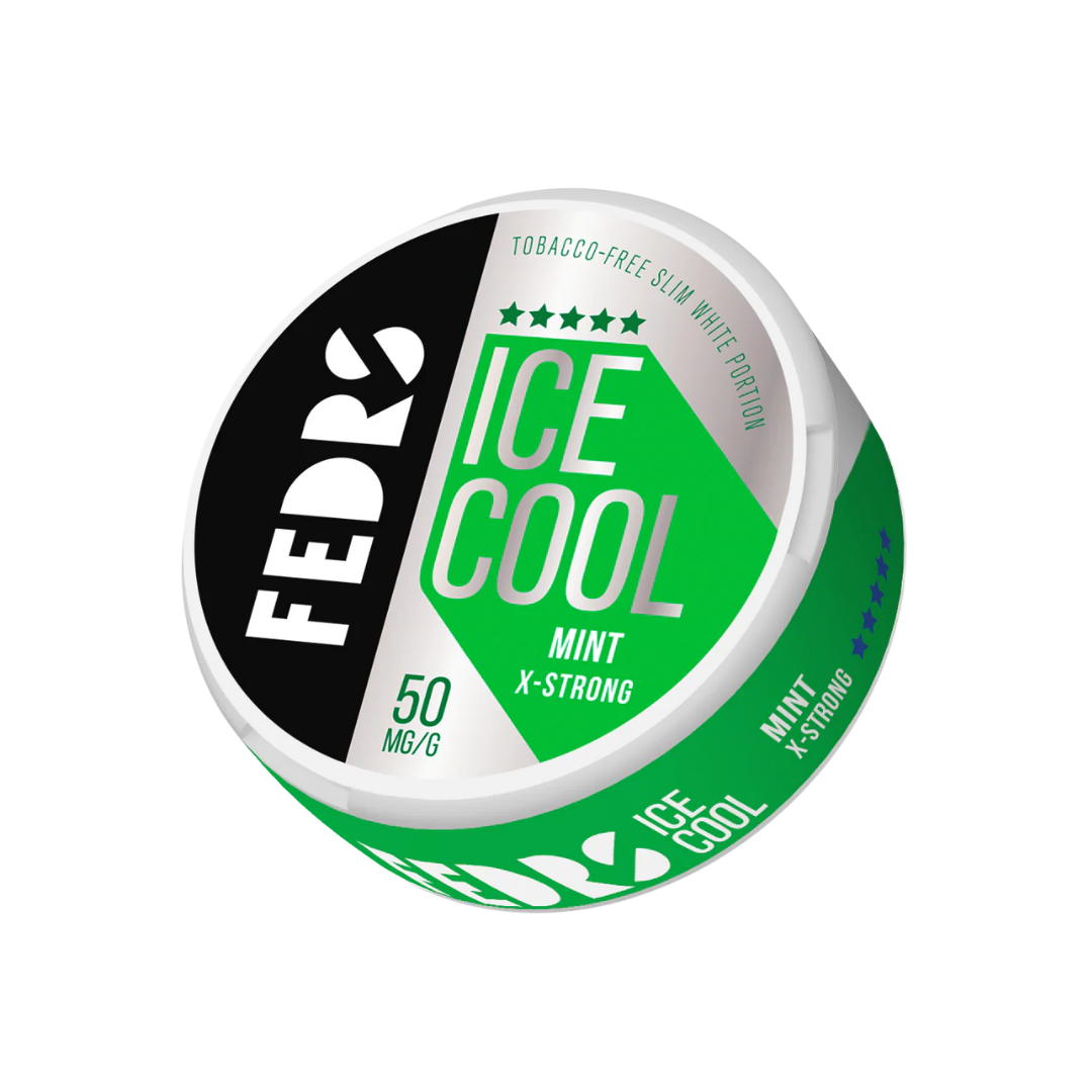Detail close-up of the Fedrs Mint X-Strong circular can featuring ice cool flavor in green, black, and white colors.