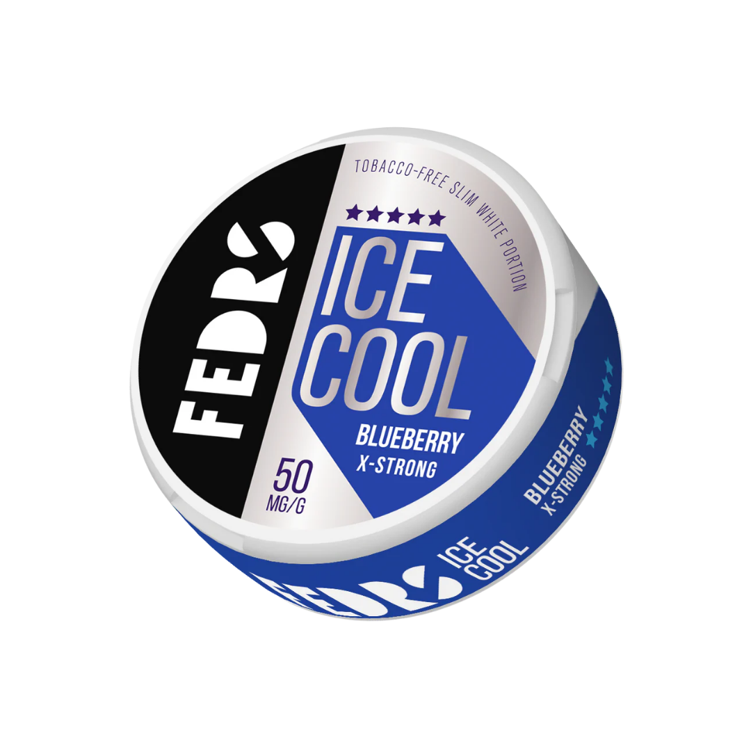 Detail close-up of the circular can featuring a sleek design in blue and black with ice cool flavor label.
