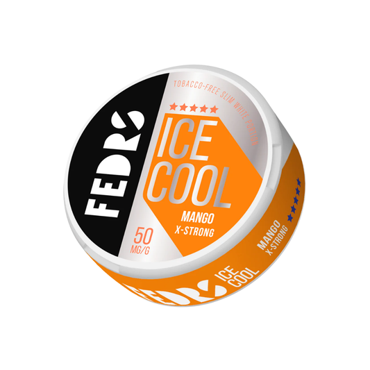 Front view of the circular can in orange and black, showcasing ice cool flavor and 10 pouches.