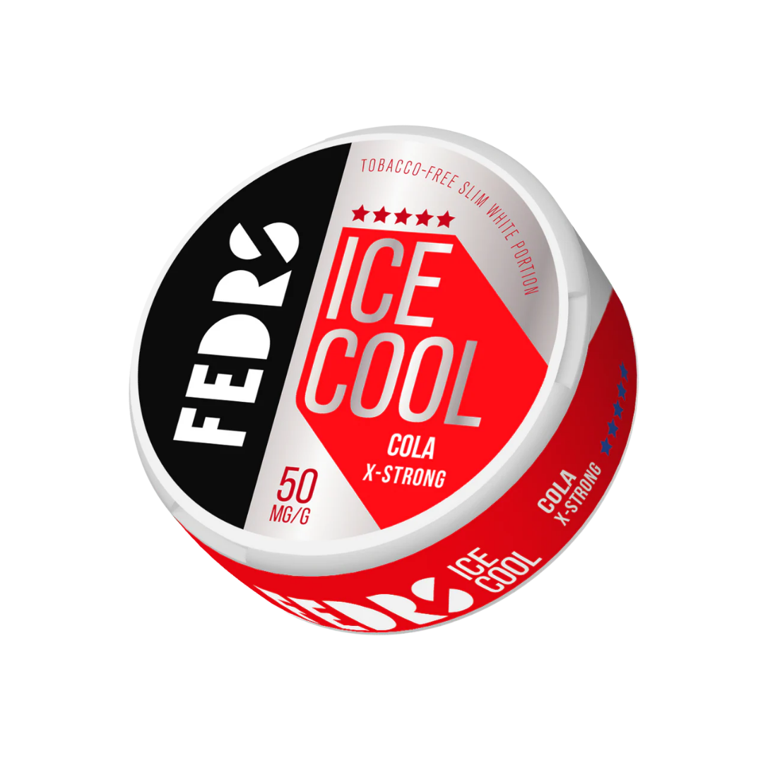 Detail close-up of a circular can featuring bold red and black branding with ice cool flavor.