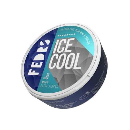Detail close-up of Fedrs Ice Cool Mint 8 Snus in a circular tin, featuring blue, white, and black colors.