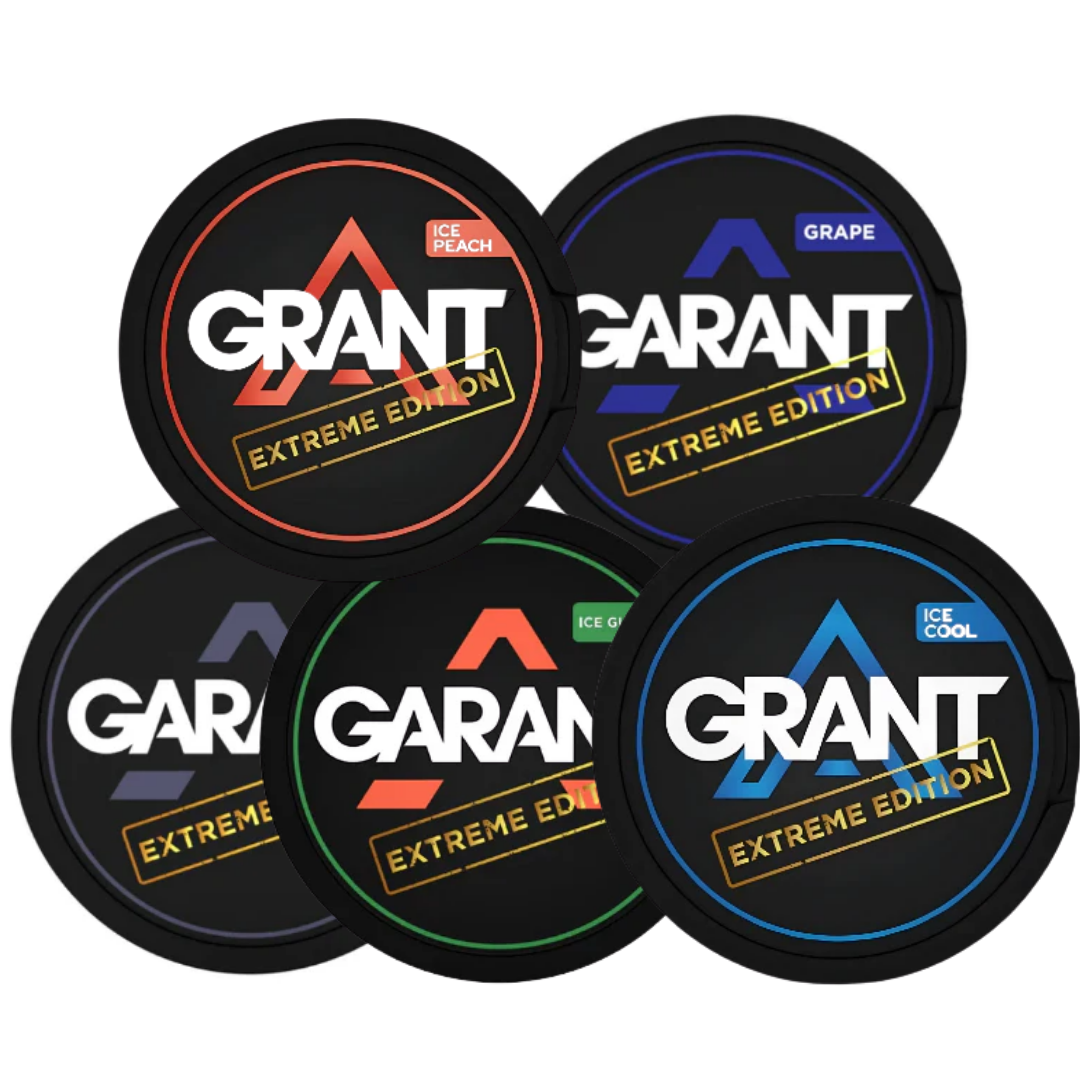 Front view of circular product containers in black, orange, blue, and green with various labels.