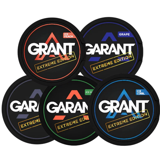Front view of circular product containers in black, orange, blue, and green with various labels.
