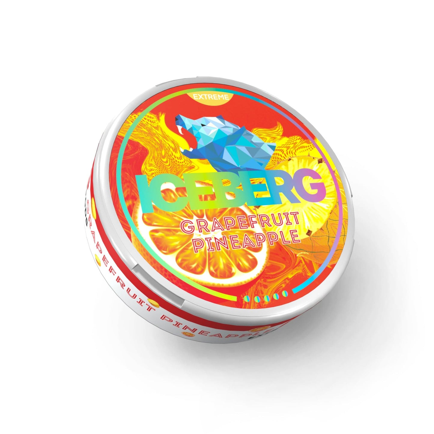 Detail close-up of the colorful grapefruit pineapple snus tin featuring a fish graphic and vibrant colors.