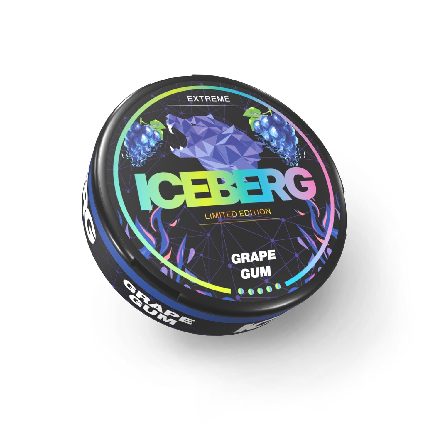 Front view of the colorful Iceberg Grape Gum container showcasing its circular shape and vibrant design.